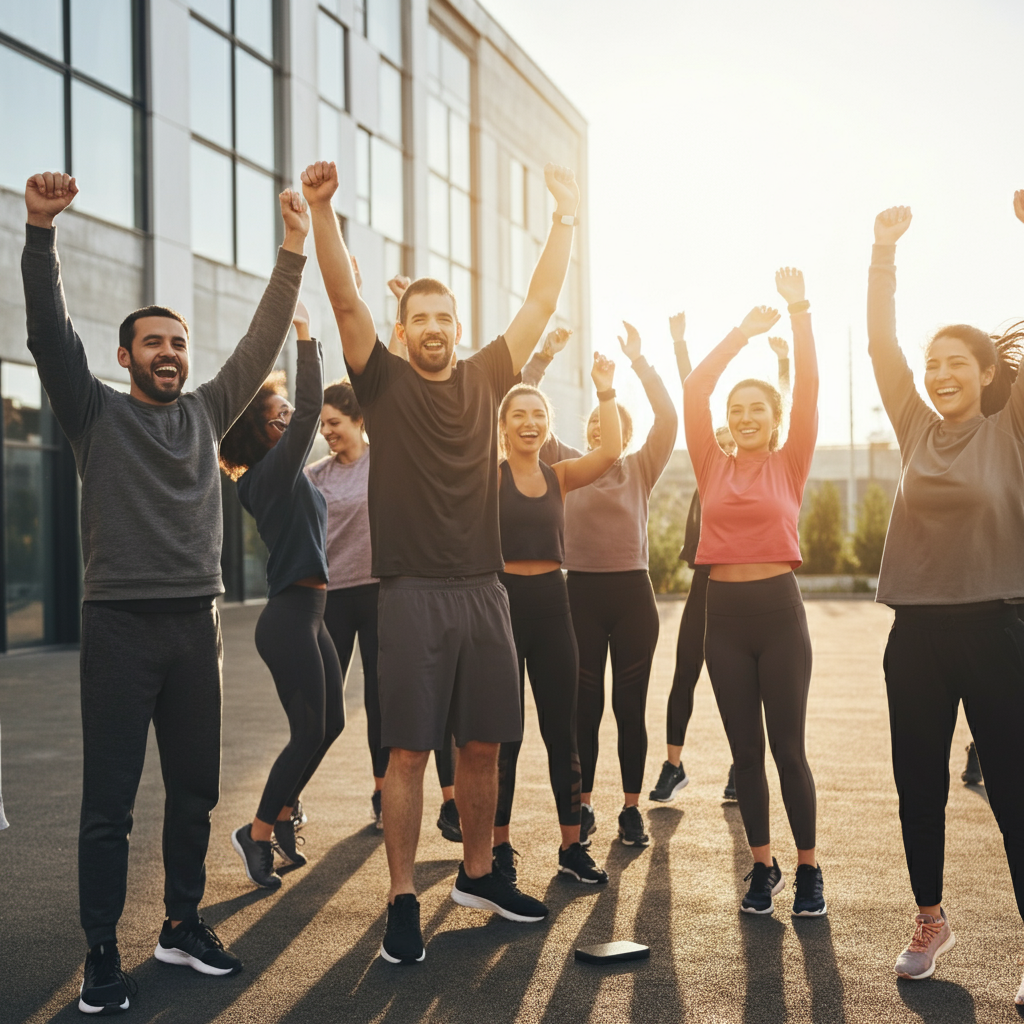 A diverse group of people in activewear celebrating outdoors with raised arms, symbolizing community support and teamwork in fitness.