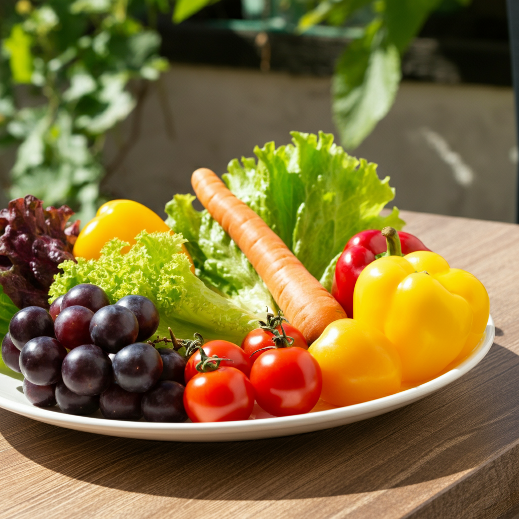 A vibrant plate filled with colorful fruits and vegetables, representing healthy eating habits and balanced nutrition.
