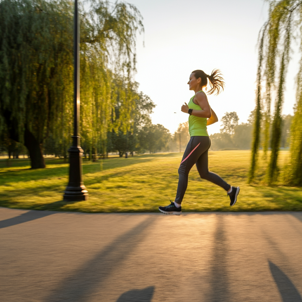 A woman jogging in a sunlit park during sunrise, symbolizing an active and energetic lifestyle.